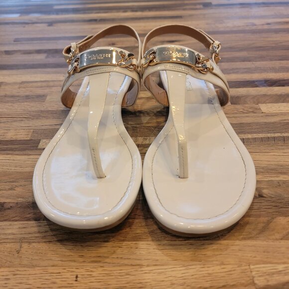 Coach Chalk Caterine Logo Hardware Flat Post Thong Toe Buckle Sandals - Picture 2 of 10